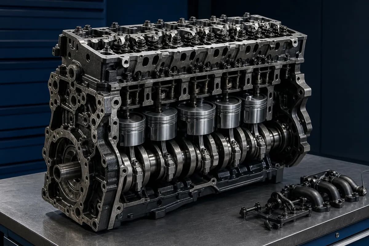 Bloco e cabeçote de motor diesel com pistões e virabrequim em bancada técnica.